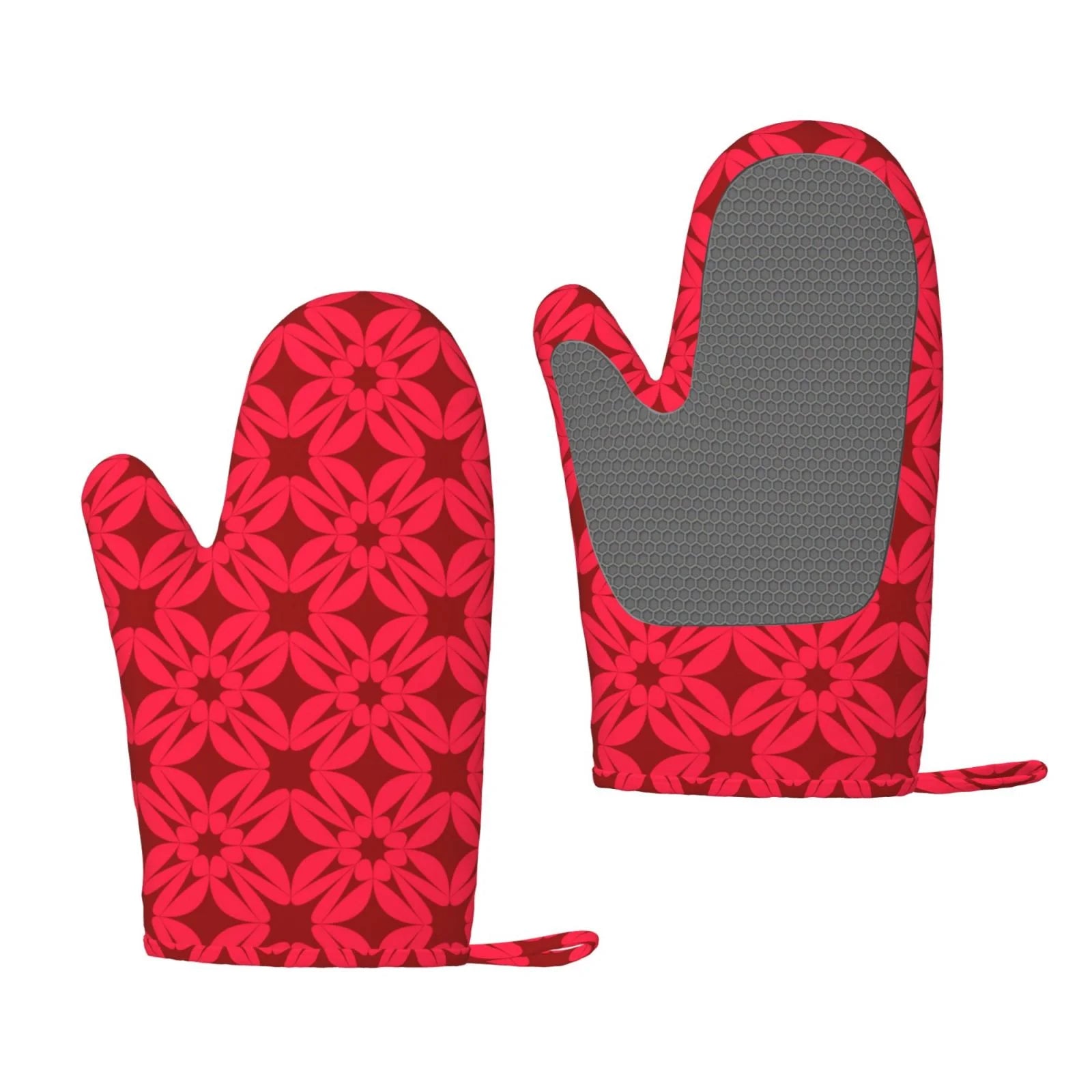ZNDUO Kitchen Oven Gloves, Durable Heat Resistant Oven Gloves with Quilted Liner Non-Slip Textured Grip Perfect for BBQ, Baking, Cooking and Grilling, Red Star Geometry