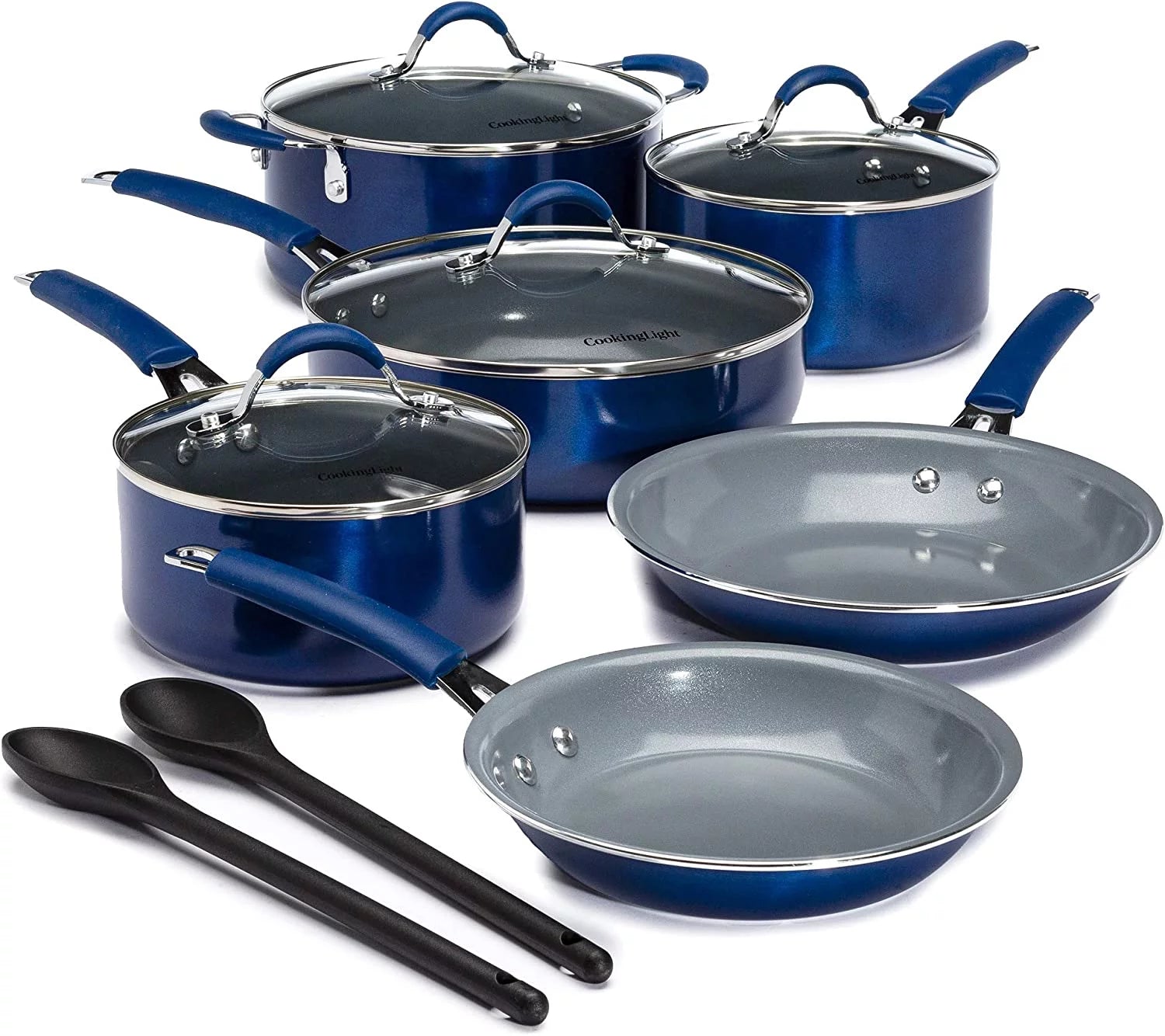 Cooking Light Allure Non-Stick Ceramic Cookware with Silicone Stay Cool Handle  12 Piece Set  Blue