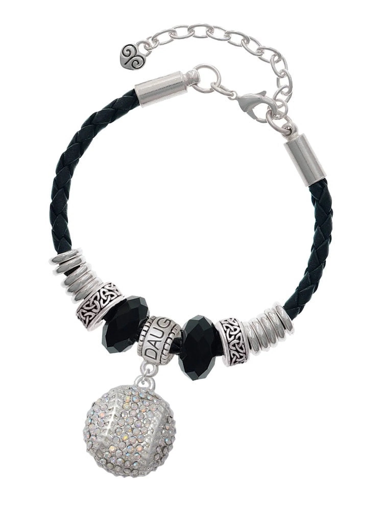 Delight Jewelry Silvertone Large Super Sparkle Crystal Clear AB Softball Daughter Celtic Knot Leather Bead Bracelet, 7+2 Extender