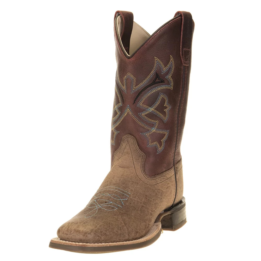 Old West Boys' Bull Hide Print Western Boot Broad Square Toe Brick Red 5.5 D(M) US
