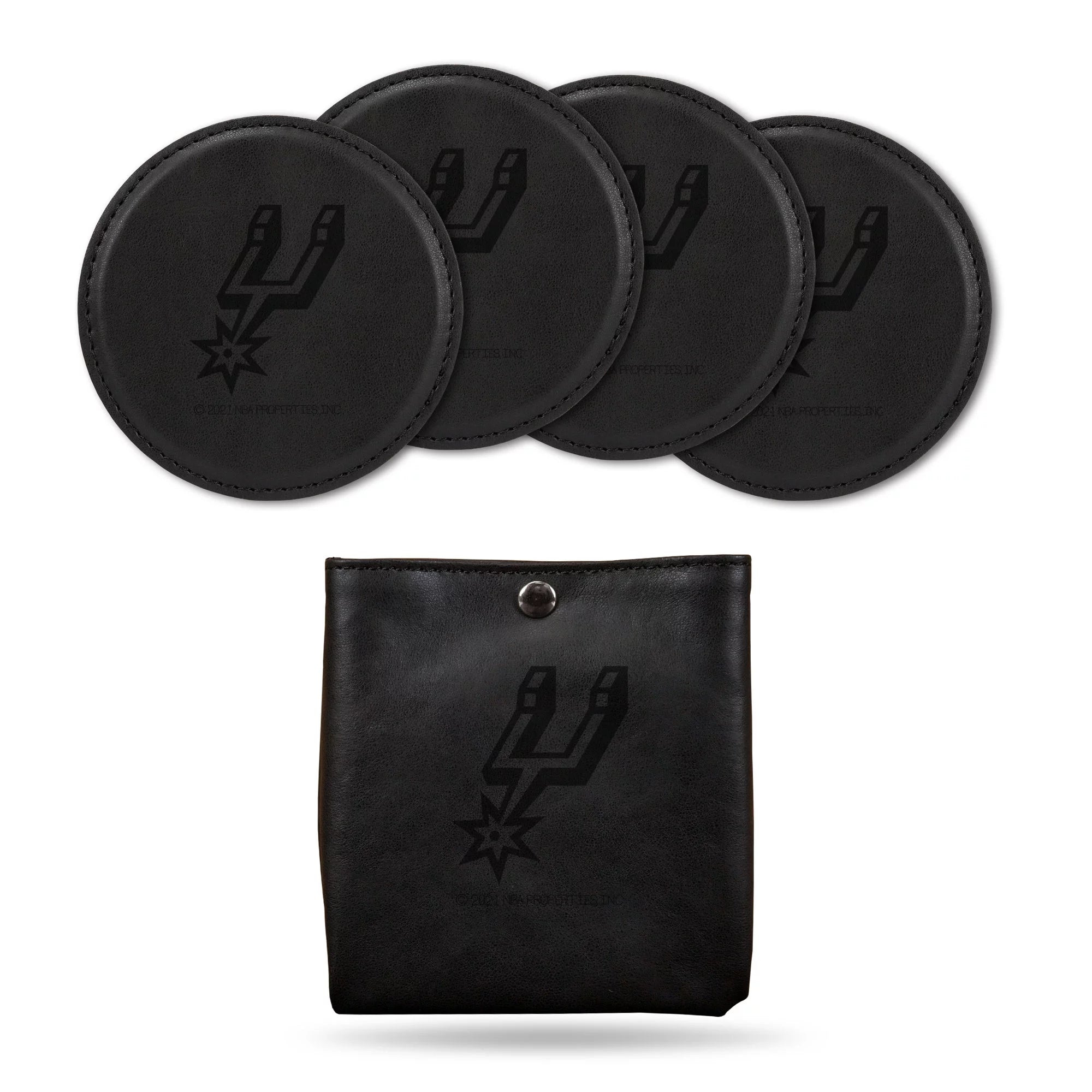 Rico Industries Basketball San Antonio Spurs Black Faux Leather Laser Engraved 4-Pack Coaster Set with Pouch - Great Beverage Accessory for Game Day
