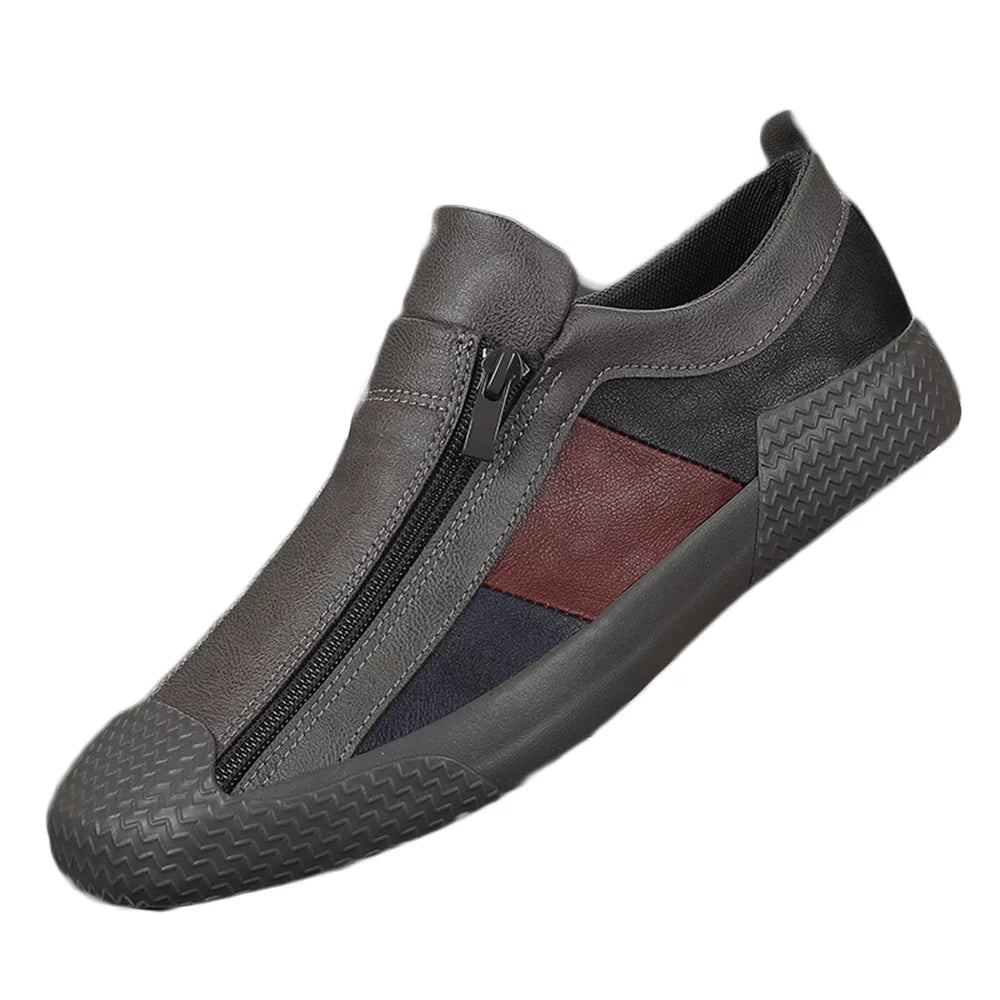 Men's Casual Leather Flat Zipper Shoes Fashion Slip-on Low Top Autumn Sneakers Driving Shoes