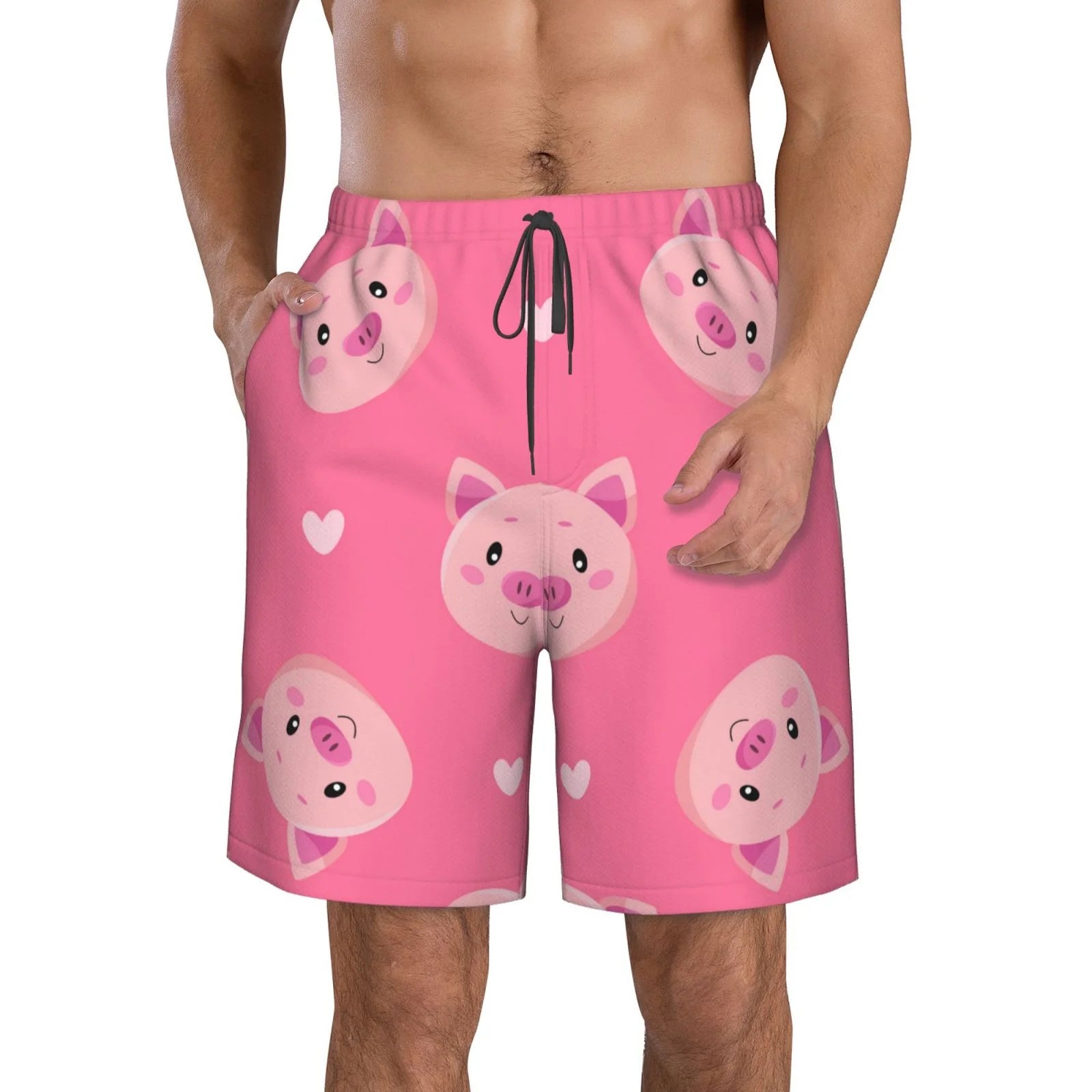 Kll Cartoon Pigs And Hearts Men'S Casual Summer Beach Shorts Hawaiian Shorts With Pockets-Small