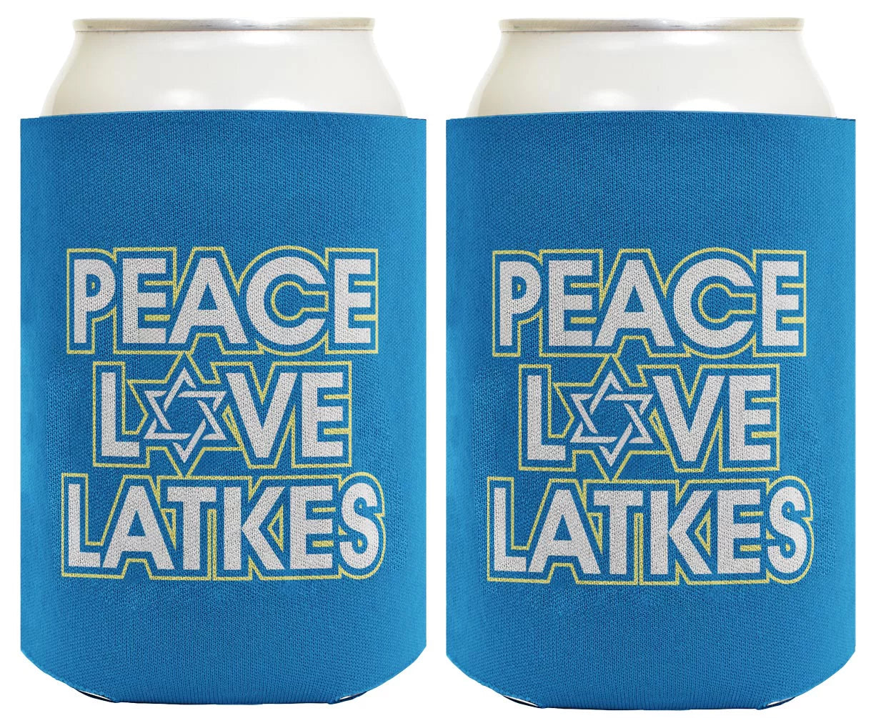 ThisWear Hanukkah Party Supplies Hanukkah Peace Love Latkes 2-Pack Can Coolies Drink Coolers White