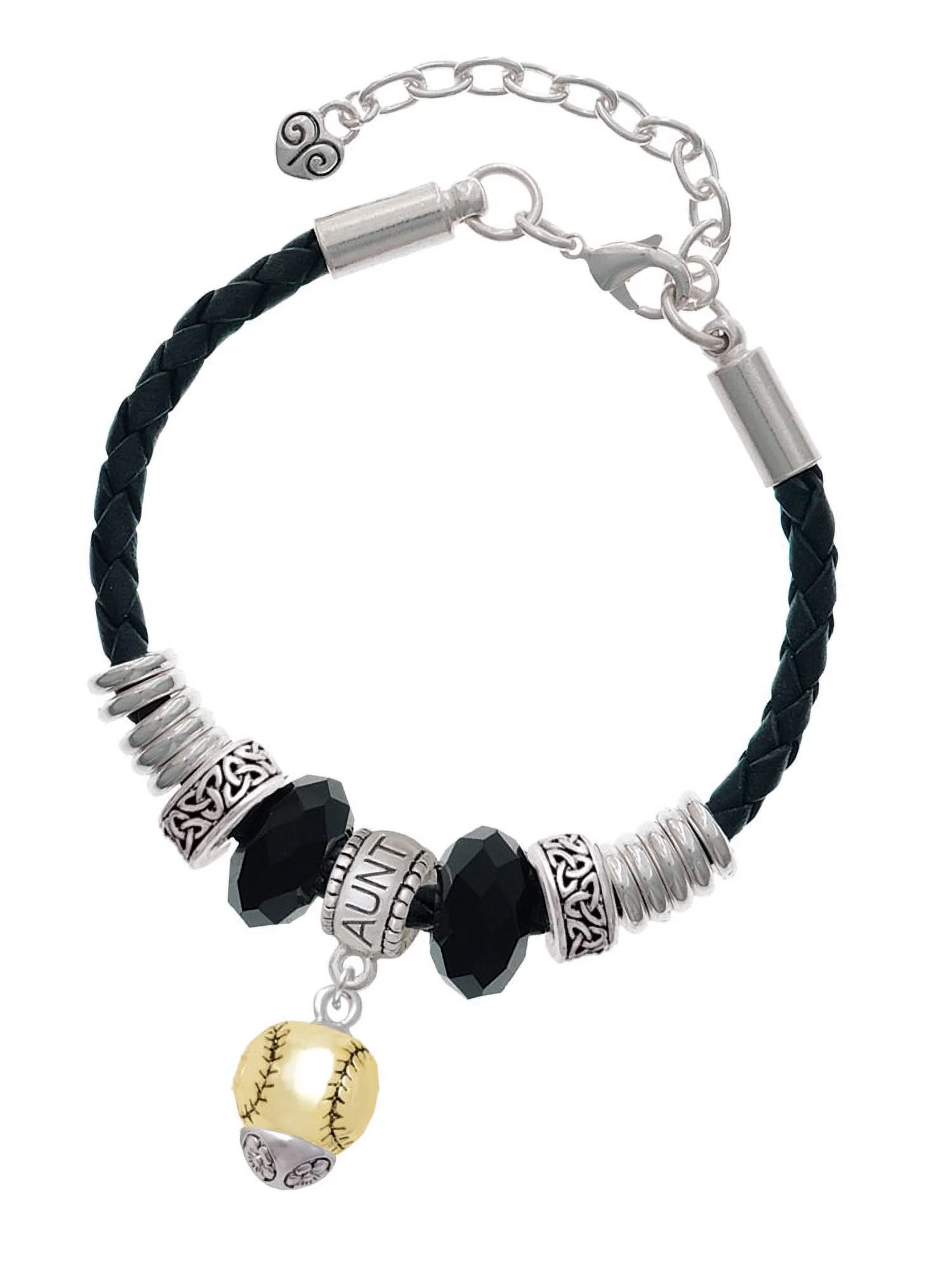 Delight Jewelry Goldtone Baseball/Softball Spinner Aunt Celtic Knot Leather Bead Bracelet, 7+2 Extender