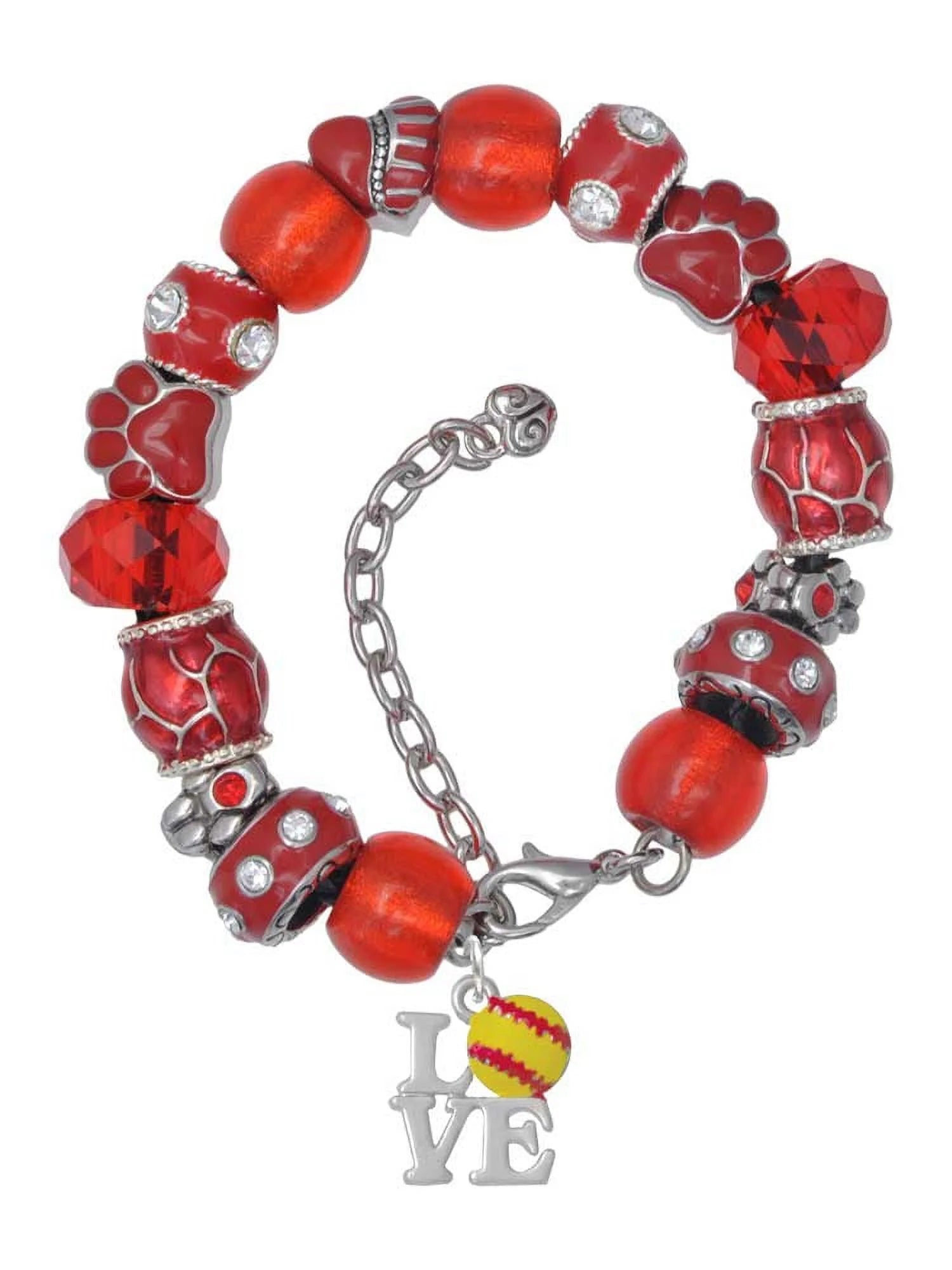 Delight Jewelry Love with Softball Red Paw Print Bead Bracelet, 7+2