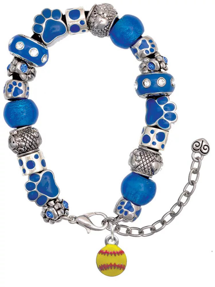 Delight Jewelry Silvertone Mini Yellow Softball - Blue Paw Print Bead Bracelet, 7+2