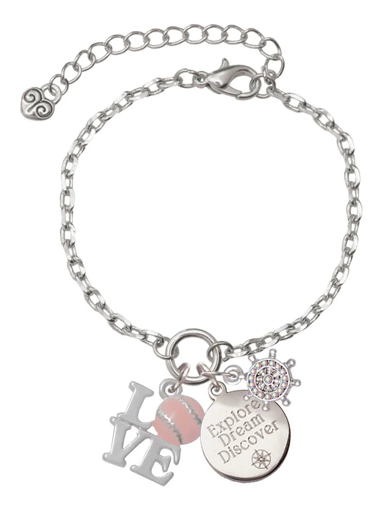 Delight Jewelry Love with Pink Softball Silvertone Discover Dream Explore Zoey Charm Bracelet, 6.5+2 Extender