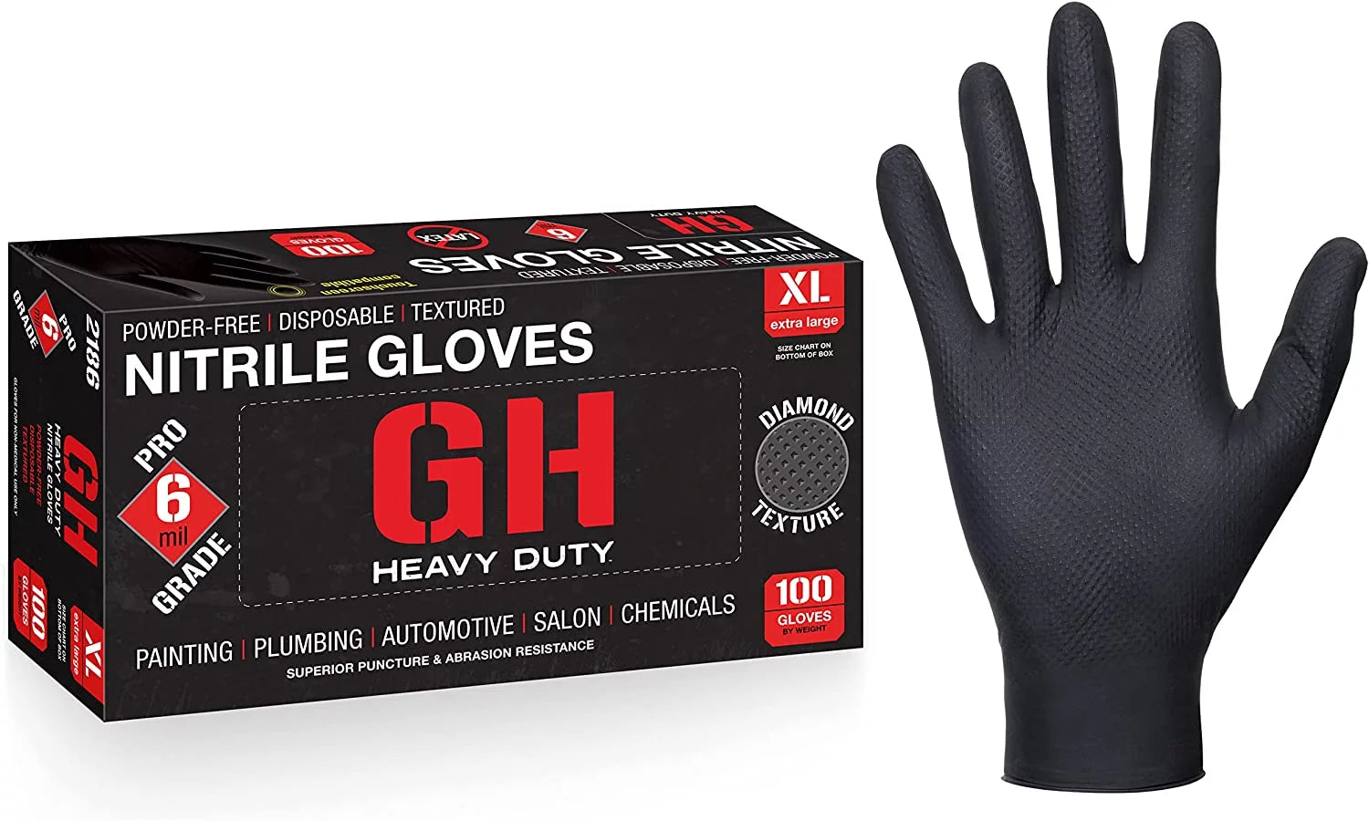 GH Heavy Duty Black Diamond Textured Nitrile Gloves,Latex & Powder Free, 6 mil Thickness