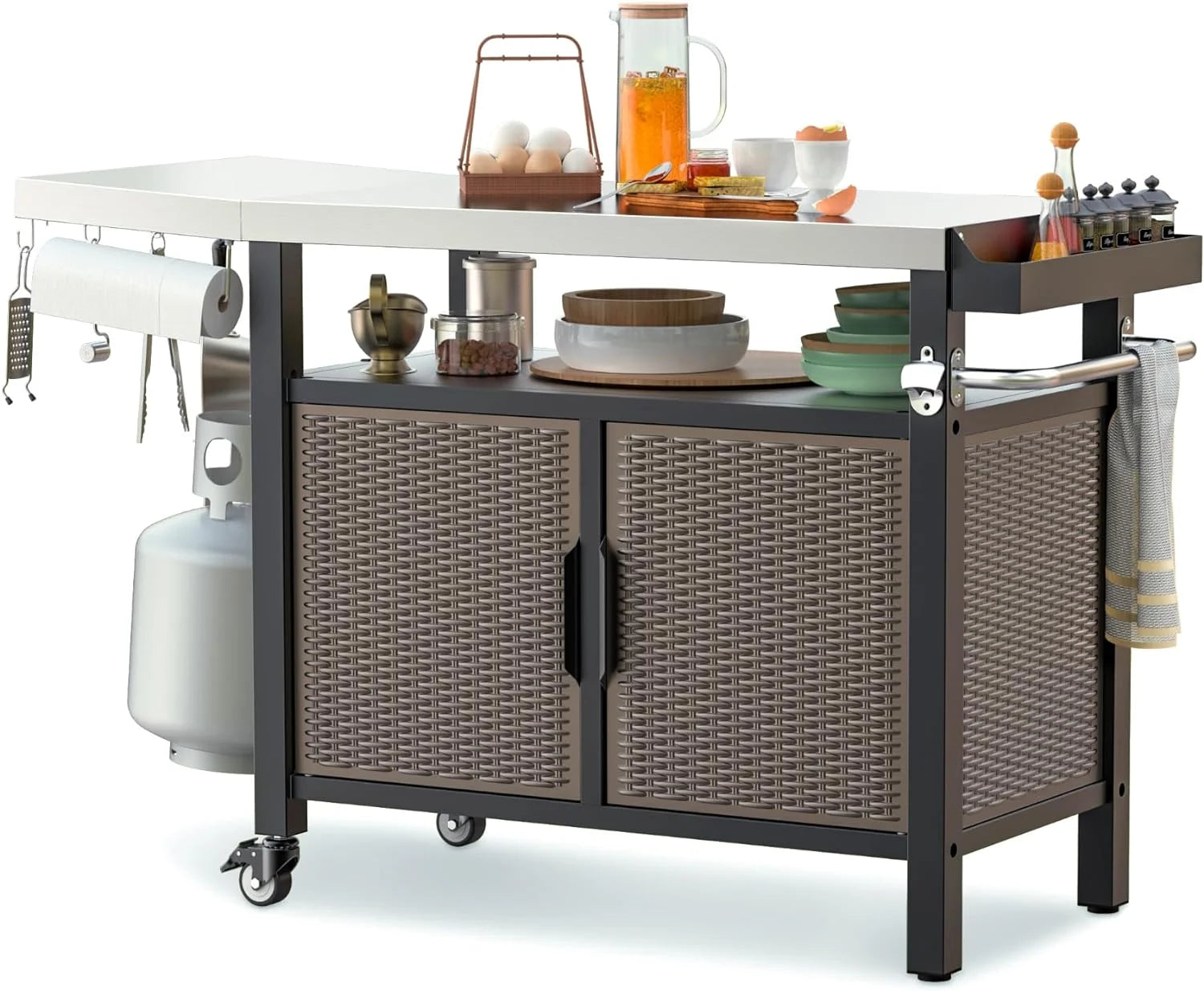 QCAI 53-Inch Dining Cart Table Storage Cabinet with XL Stainless Steel Countertop, Rolling Kitchen Island Worktable with Side Shelf and Wheels for Indoor Outdoor