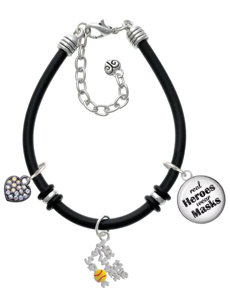 Delight Jewelry Silvertone Hit the Sweet Spot with Yellow Softball Dome Real Heroes Wear Masks Black Rubber Charm Bracelet