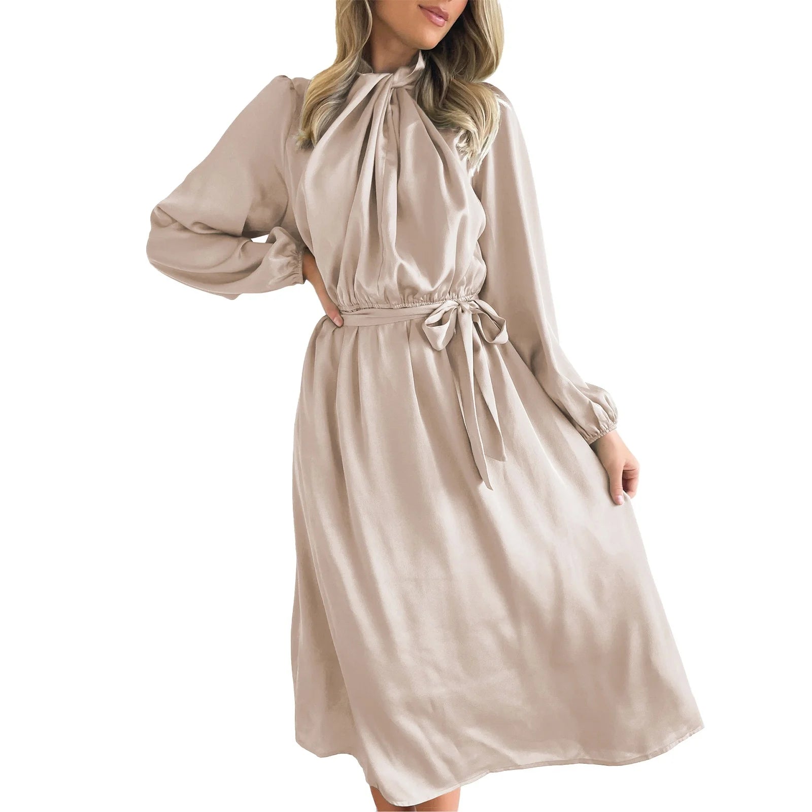 WILLBEST Womens Dresses Summer Bodycon Women's Long Sleeved Tie Satin Temperament and High End French Dress Independence Day