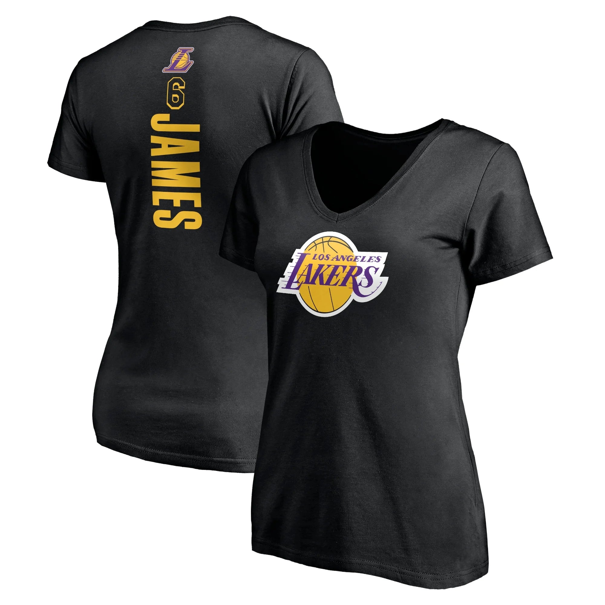 Women's Fanatics Branded LeBron James Black Los Angeles Lakers #6 Playmaker Name & Number V-Neck T-Shirt