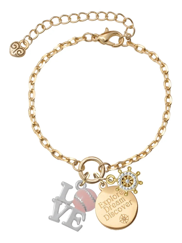 Delight Jewelry Love with Pink Softball Goldtone Discover Dream Explore Zoey Charm Bracelet, 6.5+2 Extender