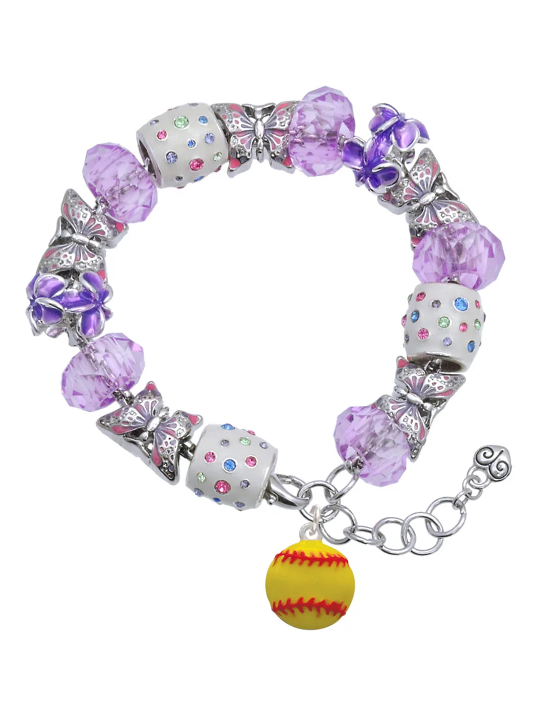Delight Jewelry Silvertone Large Optic Yellow Softball Purple Butterfly Bead Charm Bracelet, 7+1 Extender