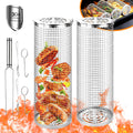 Wulcea Rolling Grilling Baskets for Outdoor Grill Bbq Net Tube Stainless Steel Large Round Mesh Barbecue Wire Cylinder Cage Picnic Dragon Cooking Basket for Veggies Vegetable Fish Meat