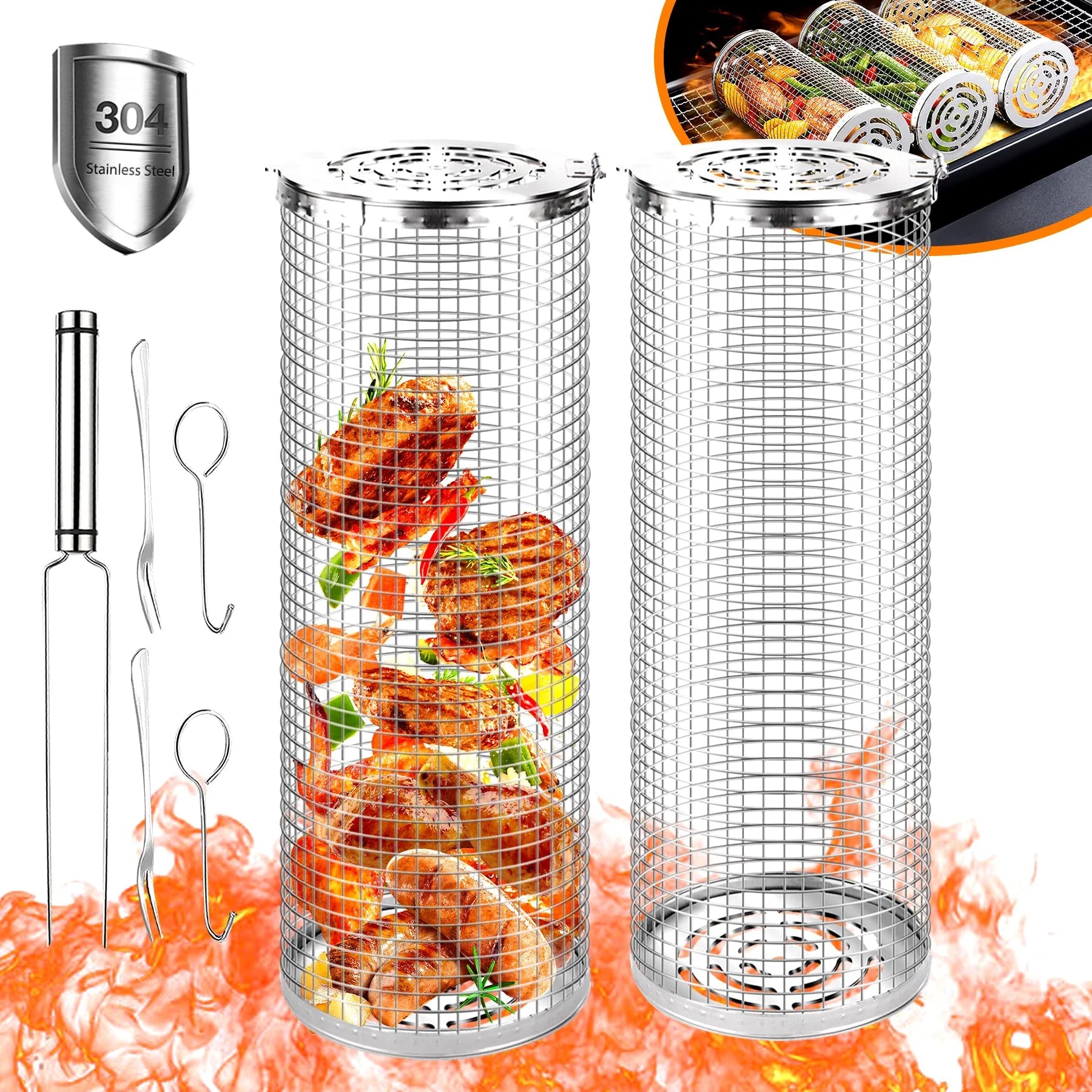 Wulcea Rolling Grilling Baskets for Outdoor Grill Bbq Net Tube Stainless Steel Large Round Mesh Barbecue Wire Cylinder Cage Picnic Dragon Cooking Basket for Veggies Vegetable Fish Meat