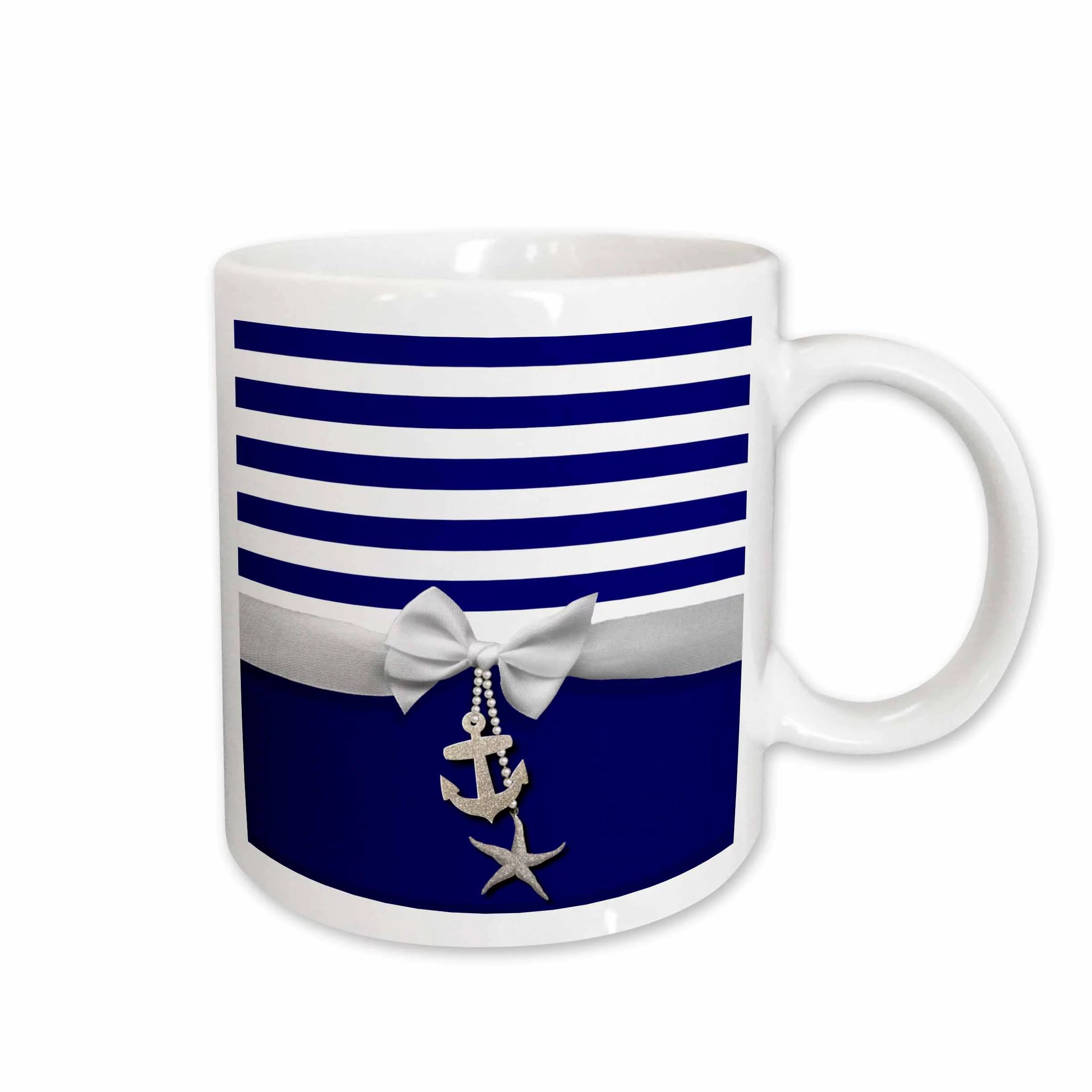 Nautical navy blue and white stripes - 2D ribbon bow graphic and printed anchor and starfish charms 11oz Mug mug-151234-1