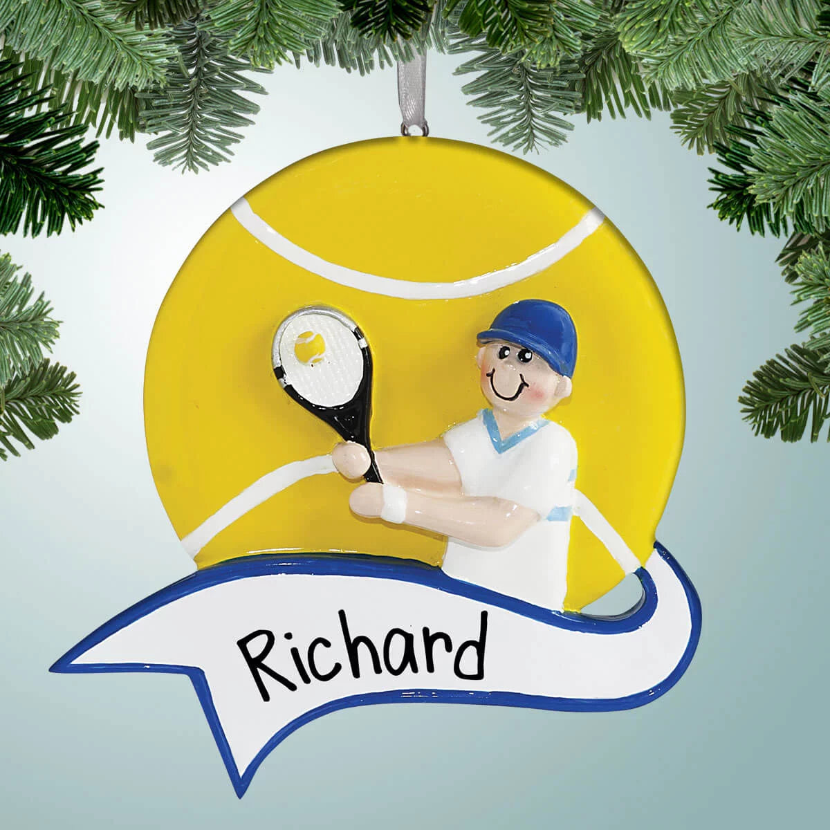 Personalized Tennis Male with Large Banner Christmas Ornament