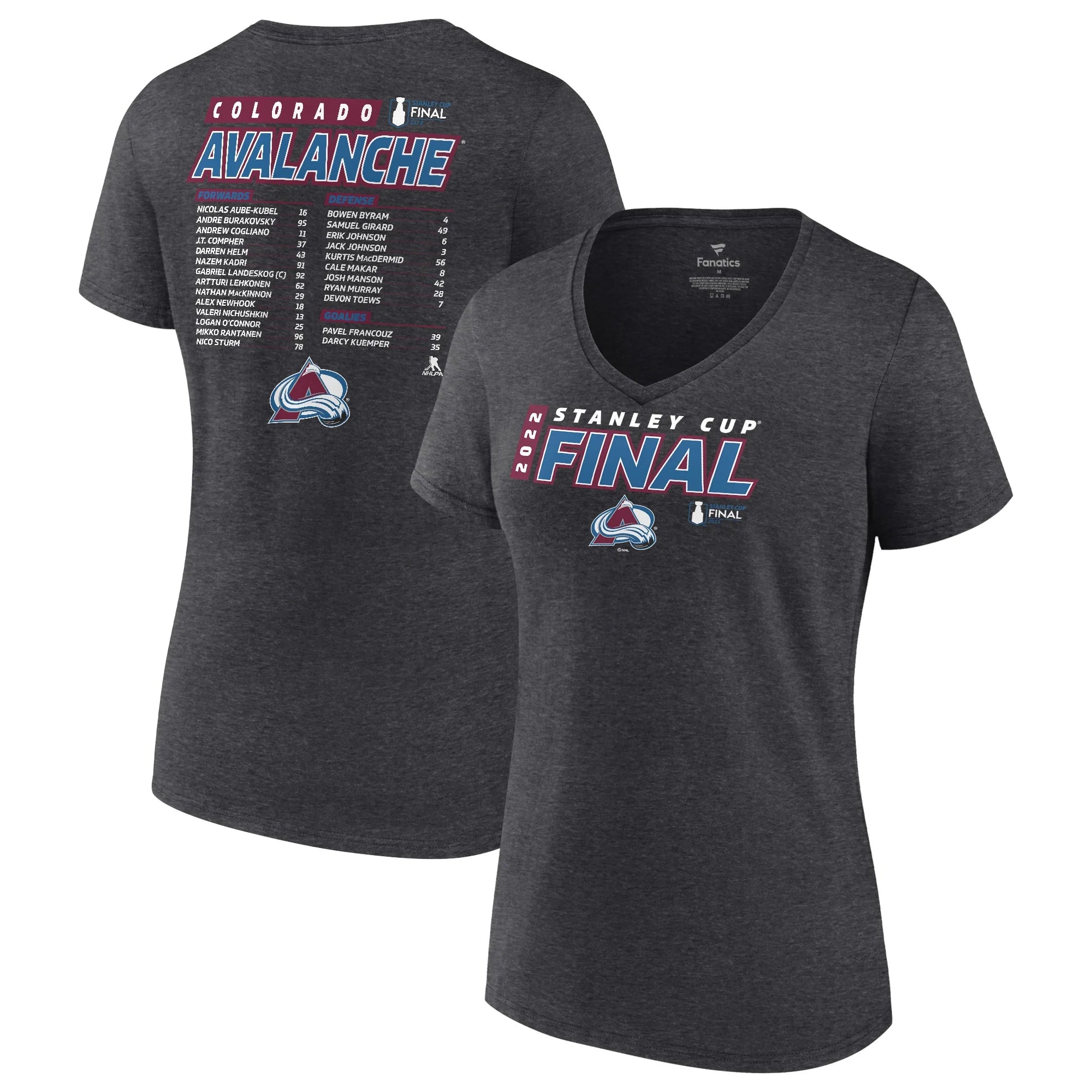 Women's Fanatics Branded Heathered Charcoal Colorado Avalanche 2022 Stanley Cup Final Own Goal Roster V-Neck T-Shirt