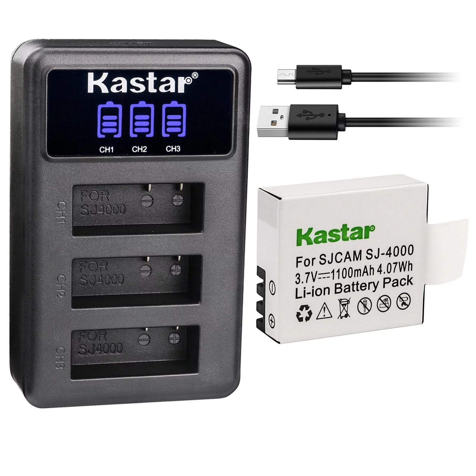 Kastar 1 Pack SJ4000 Battery and LCD Triple USB Charger Compatible with SJCAM SJ7000, SJCAM SJ8000, SJCAM SJ9000, Pruveeo DV200 Waterproof Sports Action Camera with WiFi, 4K Video Camcorder