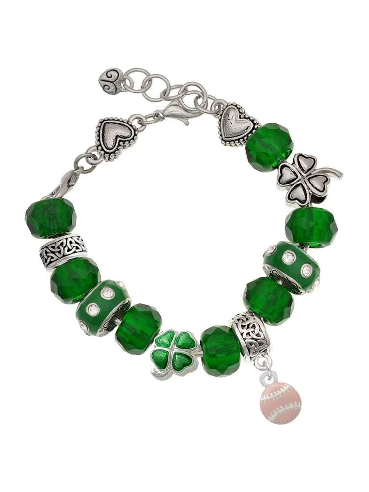 Delight Jewelry Silvertone Mini Pink Softball or Baseball - Green Irish Luck Bead Charm Bracelet, 7.5