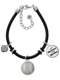 Delight Jewelry Silvertone Large Super Sparkle Crystal Clear AB Softball Dome Real Heroes Wear Masks Black Rubber Charm Bracelet