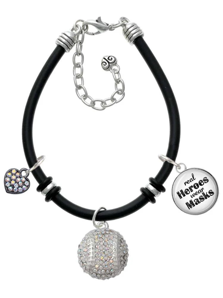 Delight Jewelry Silvertone Large Super Sparkle Crystal Clear AB Softball Dome Real Heroes Wear Masks Black Rubber Charm Bracelet