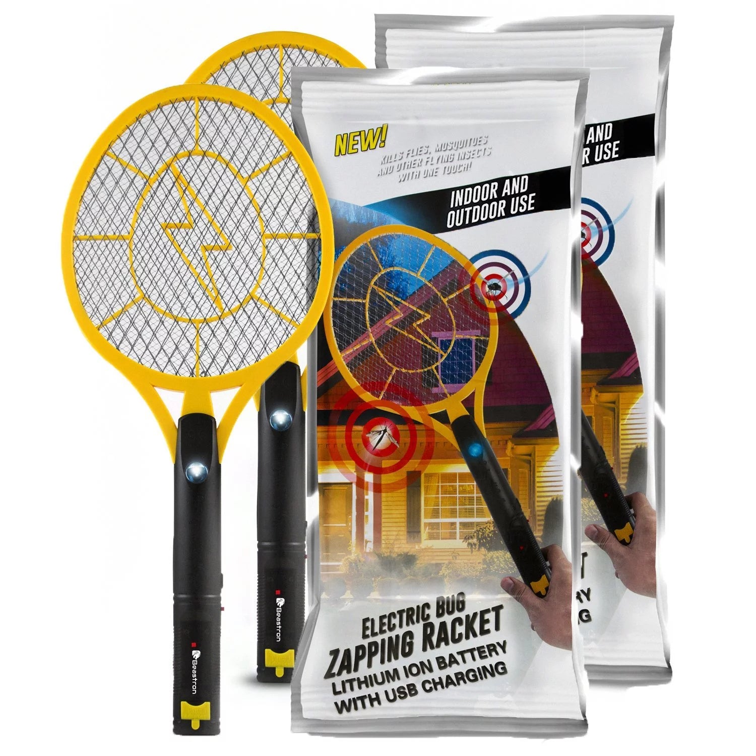 Beastron Rechargeable Bug Zapper, 3000 Volt Usb Charging, Electric Fly Killer Racket, Led Light 3 Layer Mesh Safe to Touch Large Size, pack of 2