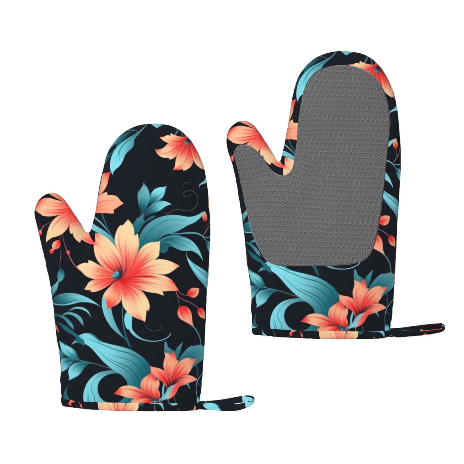 ZNDUO Kitchen Oven Gloves, Durable Heat Resistant Oven Gloves with Quilted Liner Non-Slip Textured Grip Perfect for BBQ, Baking, Cooking and Grilling, Orange Flowers