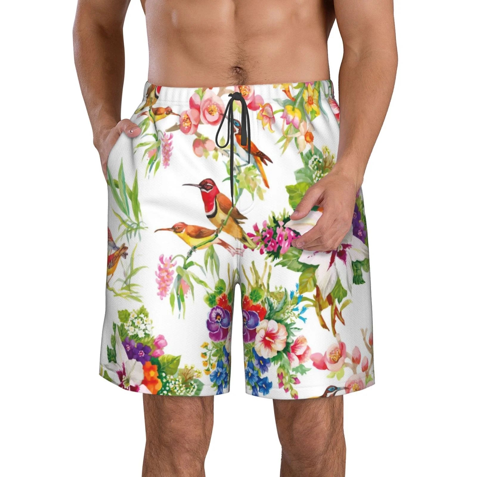 Kll Birds And Flowers Men'S Casual Summer Beach Shorts Hawaiian Shorts With Pockets-Small