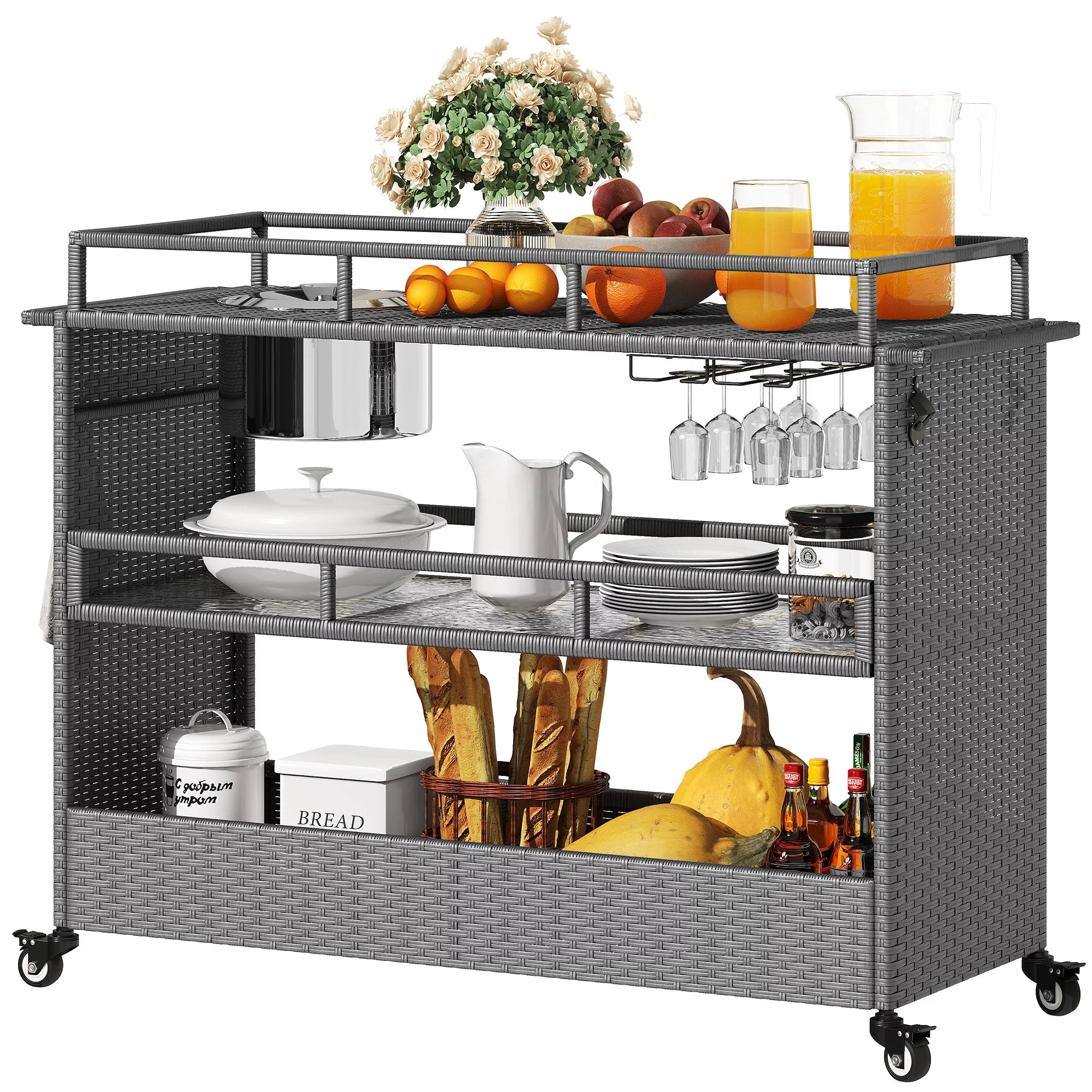 Dextrus Outdoor Kitchen Island Rolling Trolley Cart, Wicker Bar Cart with Wheels and 2 Steel Shelves, Kitchen Storage Dining Serving Cart - Gray