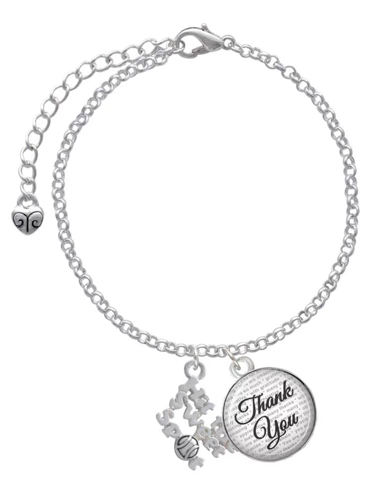 Delight Jewelry Silvertone Hit the Sweet Spot with Softball - Domed Thank You Charm Bracelet, 6+2