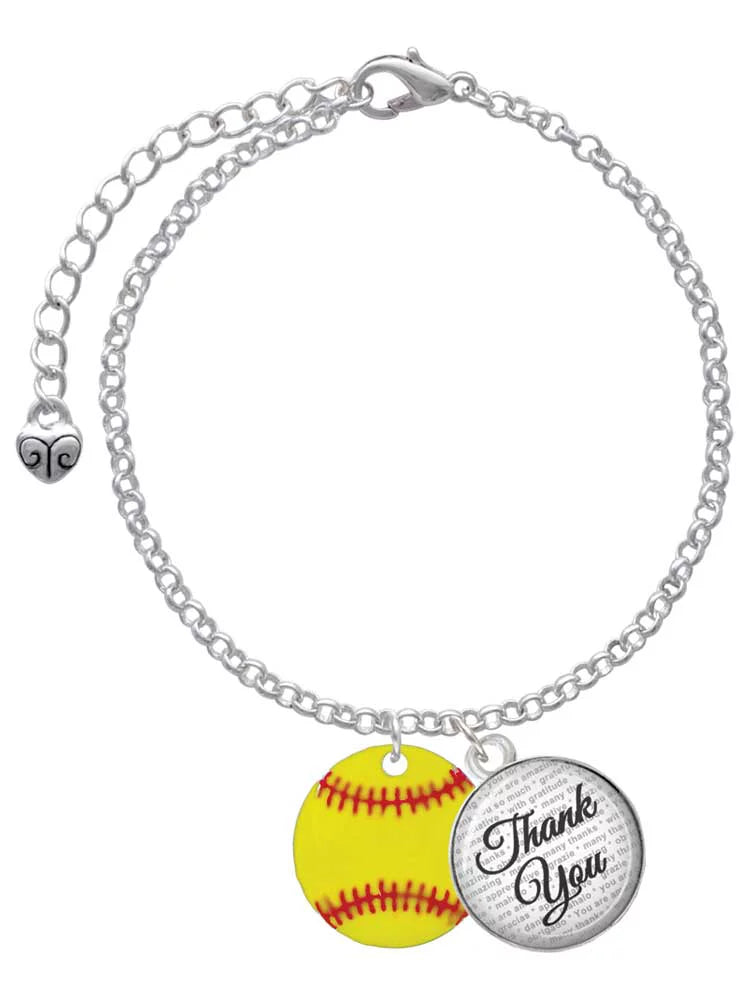 Delight Jewelry 3/4'' Enamel Softball - Domed Thank You Charm Bracelet, 6+2