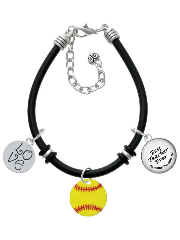 Delight Jewelry 3/4'' Enamel Softball Dome Best Teacher Ever Black Rubber Charm Bracelet