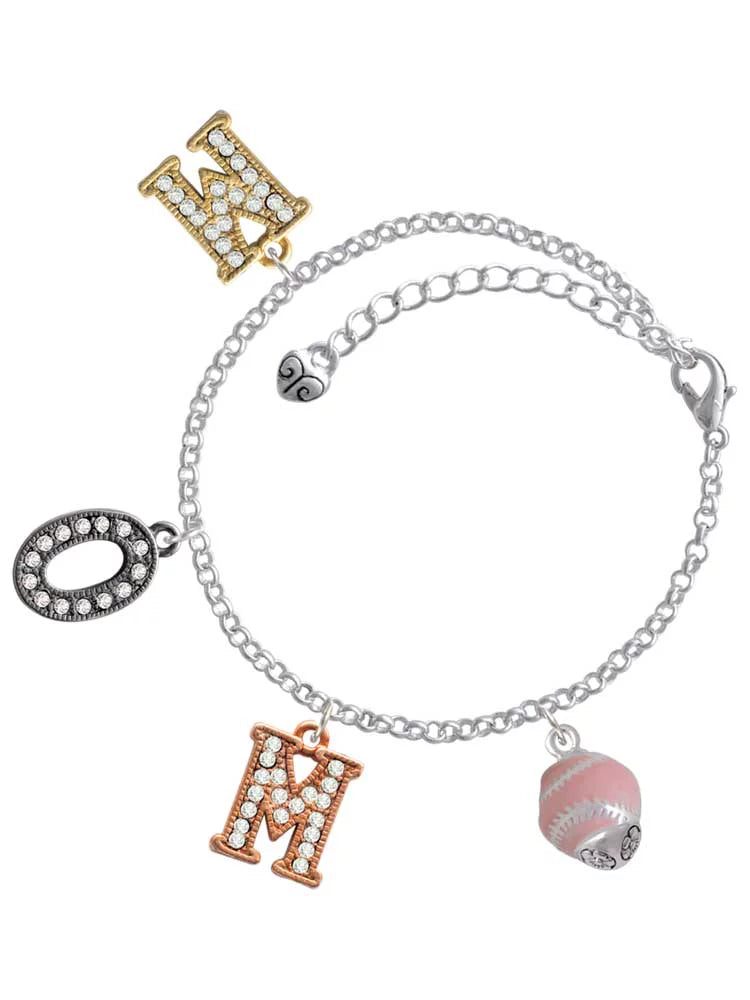 Delight Jewelry Silvertone Pink Softball with Stitching Spinner Multi-Colored Crystal Mom Charm Bracelet