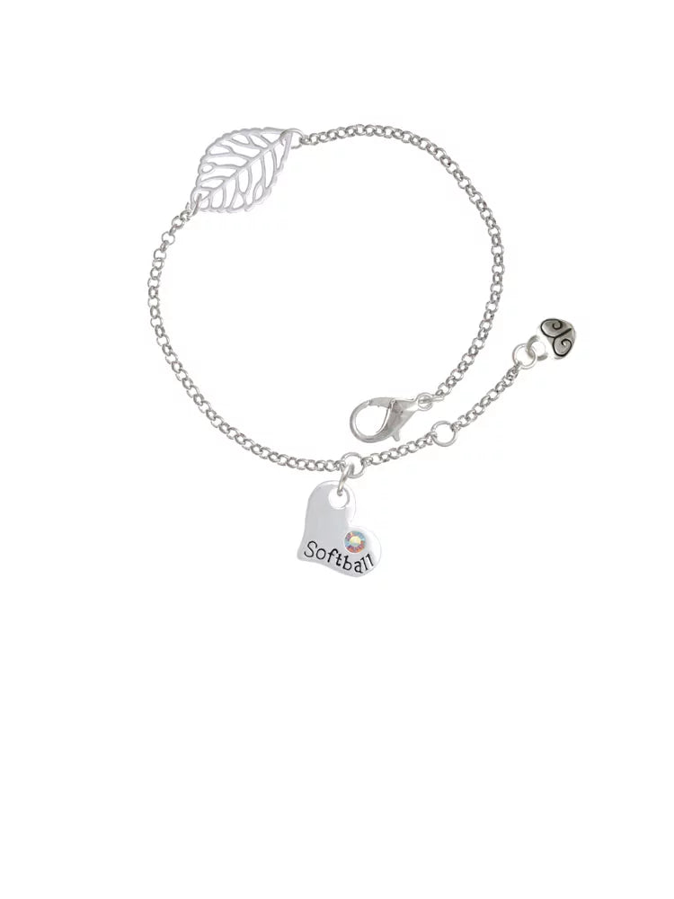 Delight Jewelry Heart with ''Softball'' and AB Crystal - Silvertone Leaf Delicate Bracelet, 6.25+1.75