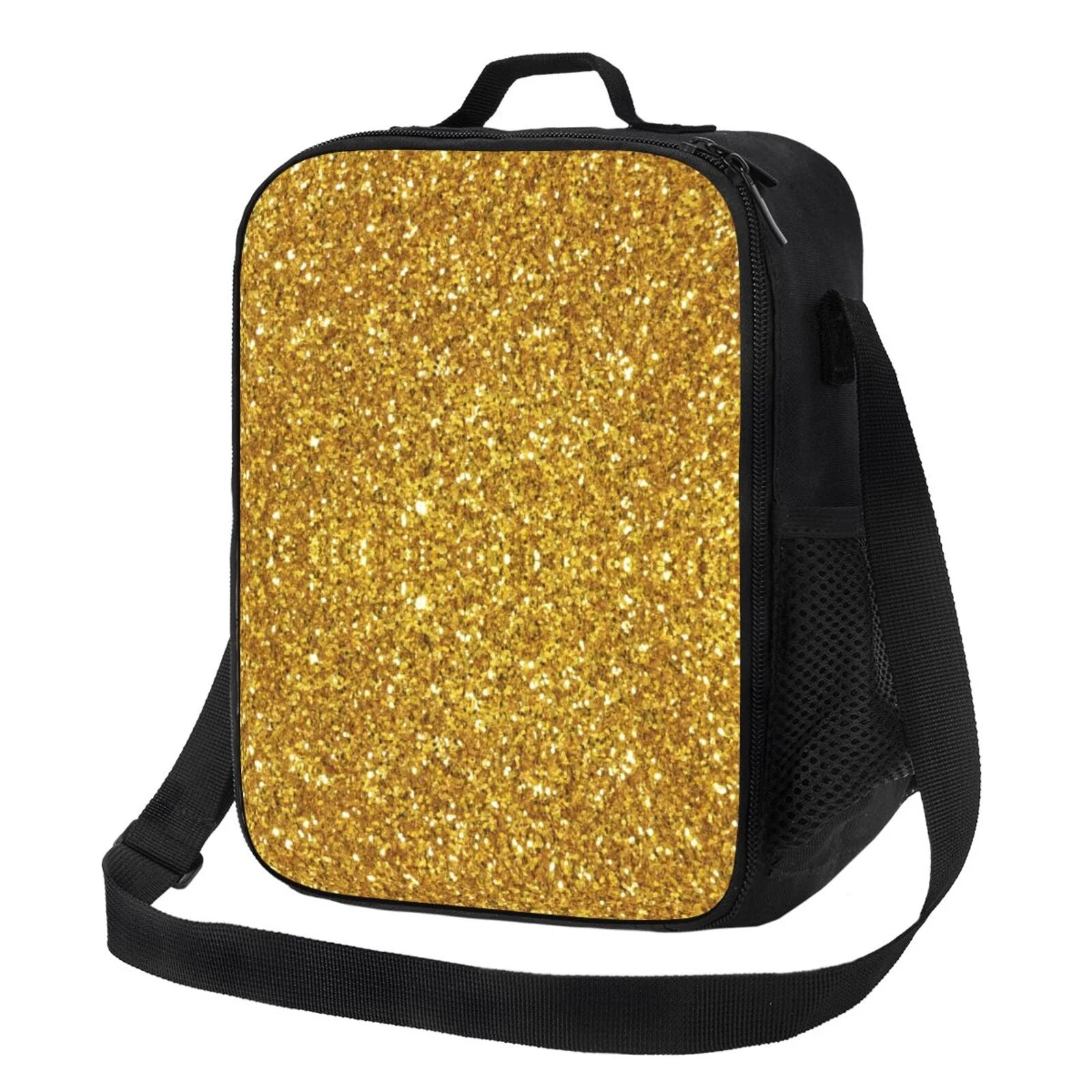 Bingfone Gold Glitter Reusable Insulated Lunch Bag Cooler For Work School Picnic Or Travel