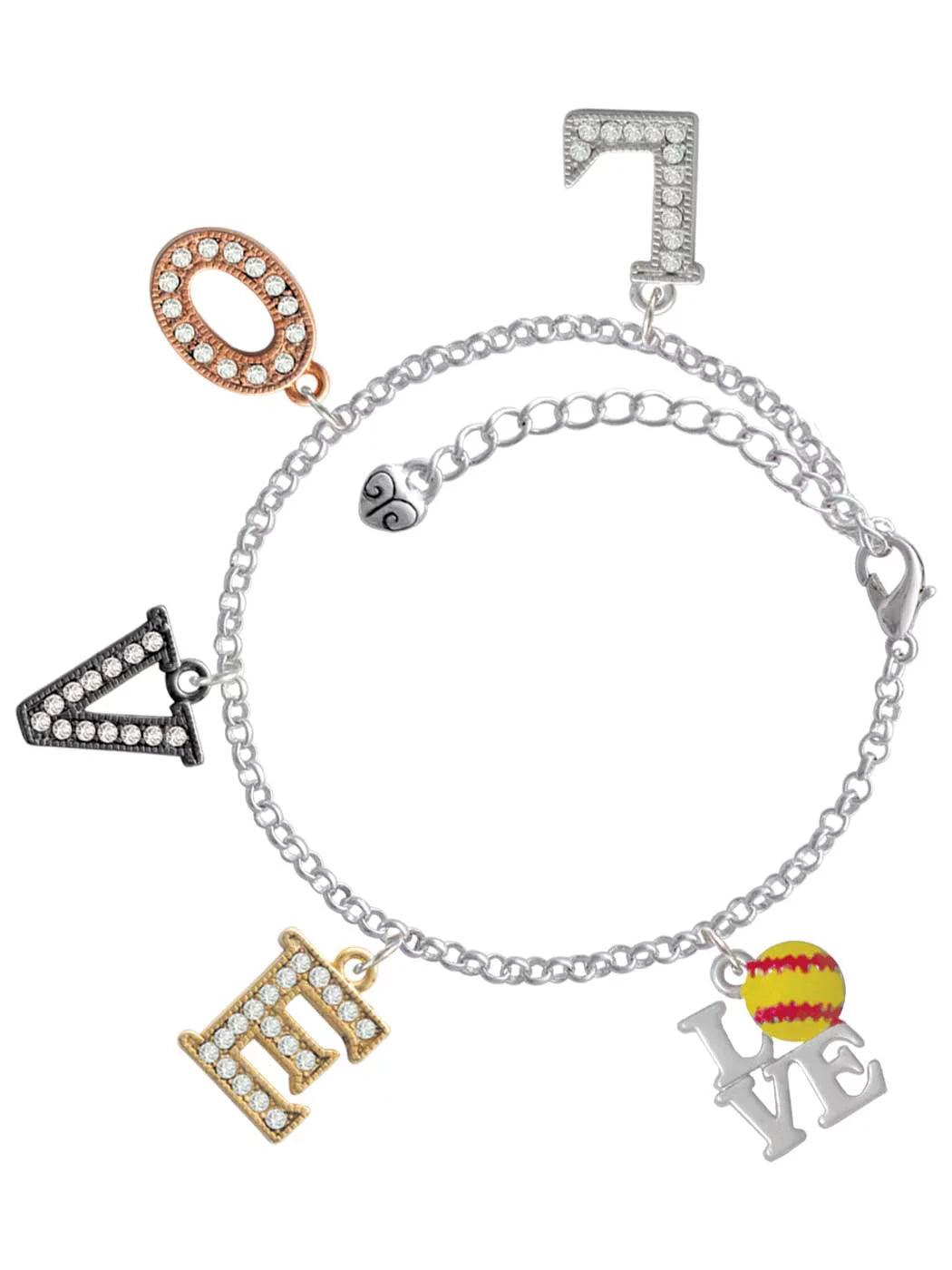 Delight Jewelry Love with Softball Multi-Colored Crystal Love Charm Bracelet