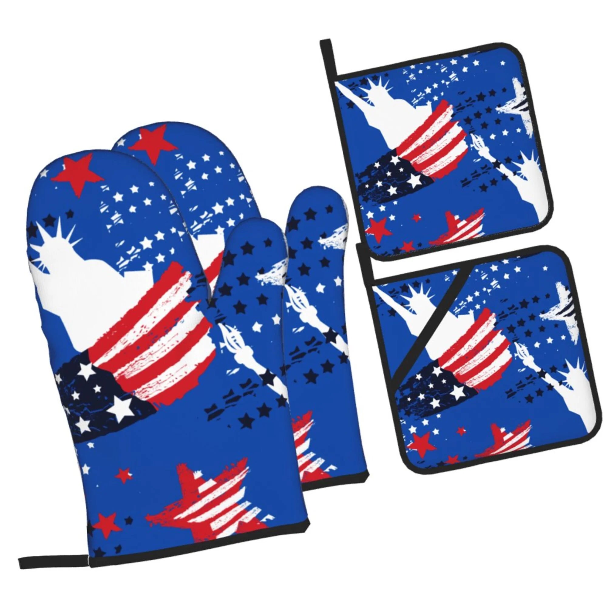 LAKIMCT Statue Liberty American Flags Oven Mitts and Pot Holders Sets Non-Slip Potholders Heat Resistant Oven Gloves for Kitchen Baking Cooking BBQ, 4-Piece Set