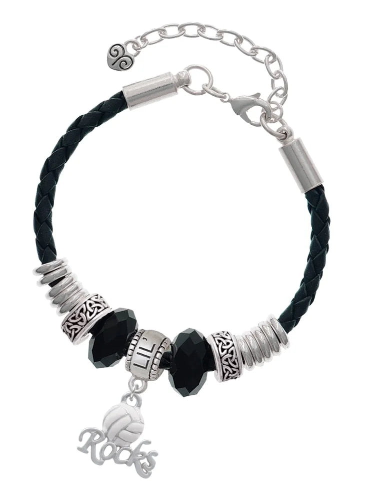 Delight Jewelry Silvertone Enamel Volleyball ''Rocks'' Lil Sister Celtic Knot Leather Bead Bracelet, 7+2 Extender