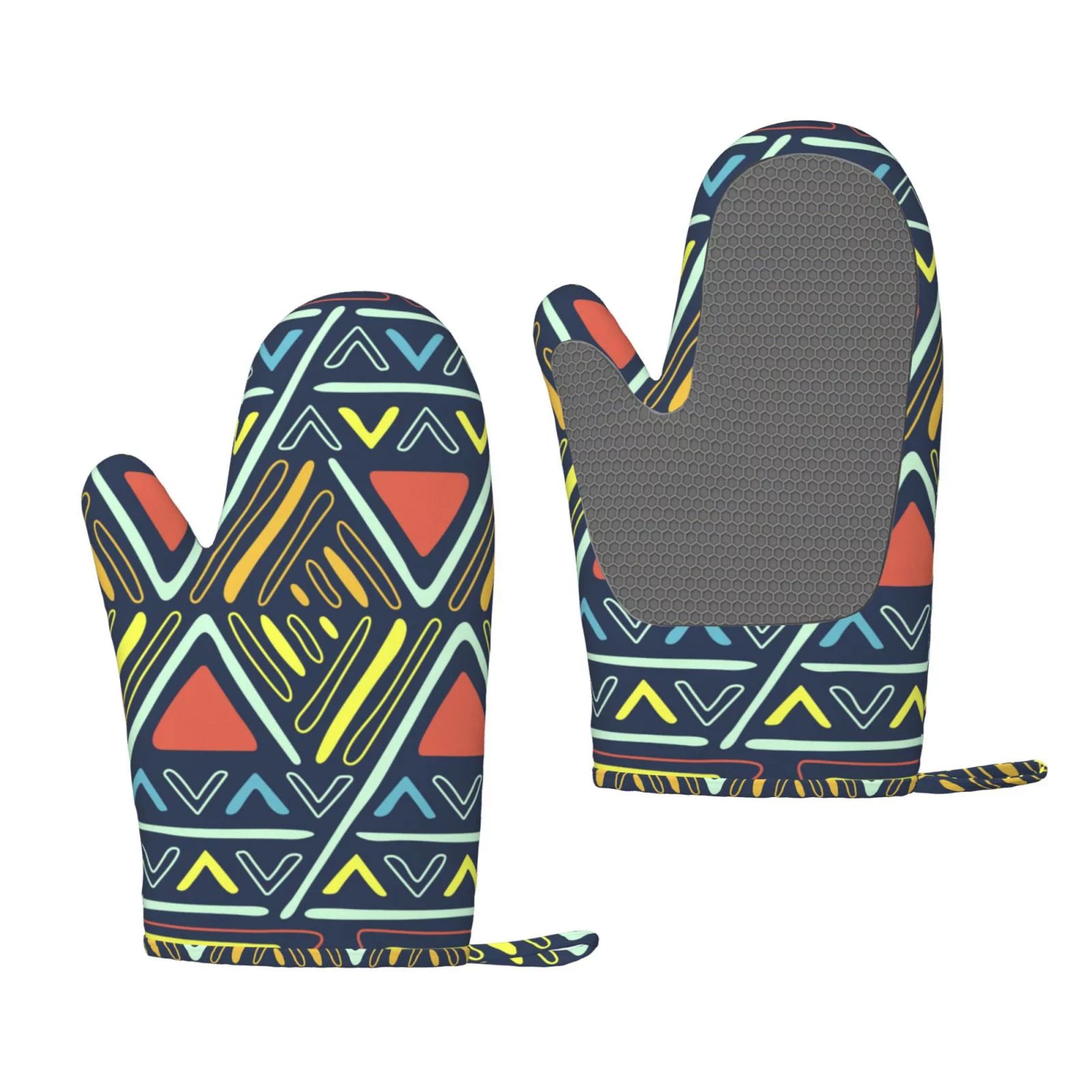 ZNDUO Kitchen Oven Gloves, Durable Heat Resistant Oven Gloves with Quilted Liner Non-Slip Textured Grip Perfect for BBQ, Baking, Cooking and Grilling, Retro Ethnic Design Inspirations