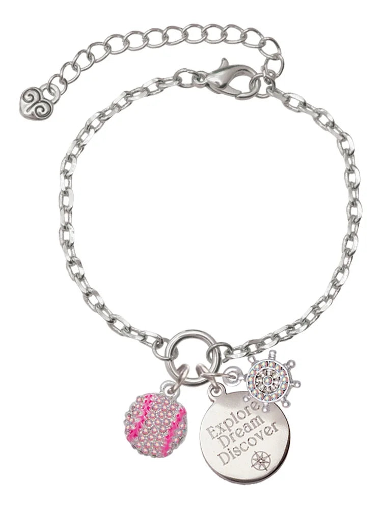 Delight Jewelry Silvertone Small Sparkle Pink AB Softball Silvertone Discover Dream Explore Zoey Charm Bracelet, 6.5+2 Extender