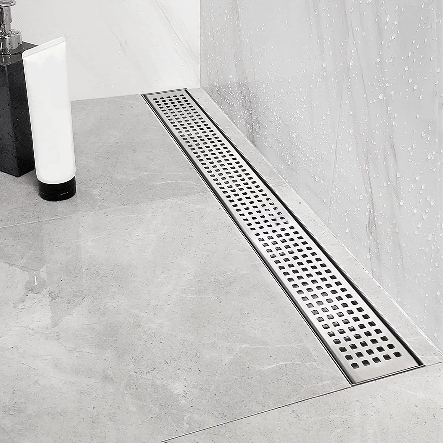 Neodrain 36-Inch Linear Shower Drain with Removable Quadrato Pattern Grate,Professional Brushed 304 Stainless Steel Rectangle Shower Floor Drain Manufacturer,With Leveling Feet,Hair Strainer