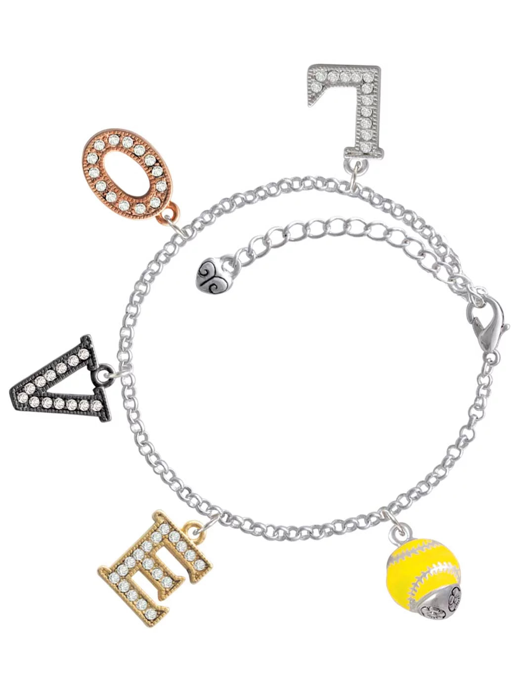 Delight Jewelry Silvertone Yellow Softball with Stitching Spinner Multi-Colored Crystal Love Charm Bracelet