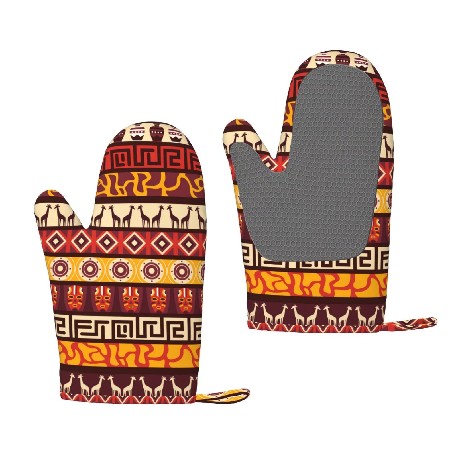 ZNDUO Kitchen Oven Gloves, Durable Heat Resistant Oven Gloves with Quilted Liner Non-Slip Textured Grip Perfect for BBQ, Baking, Cooking and Grilling, Retro Mysterious Tribal Style