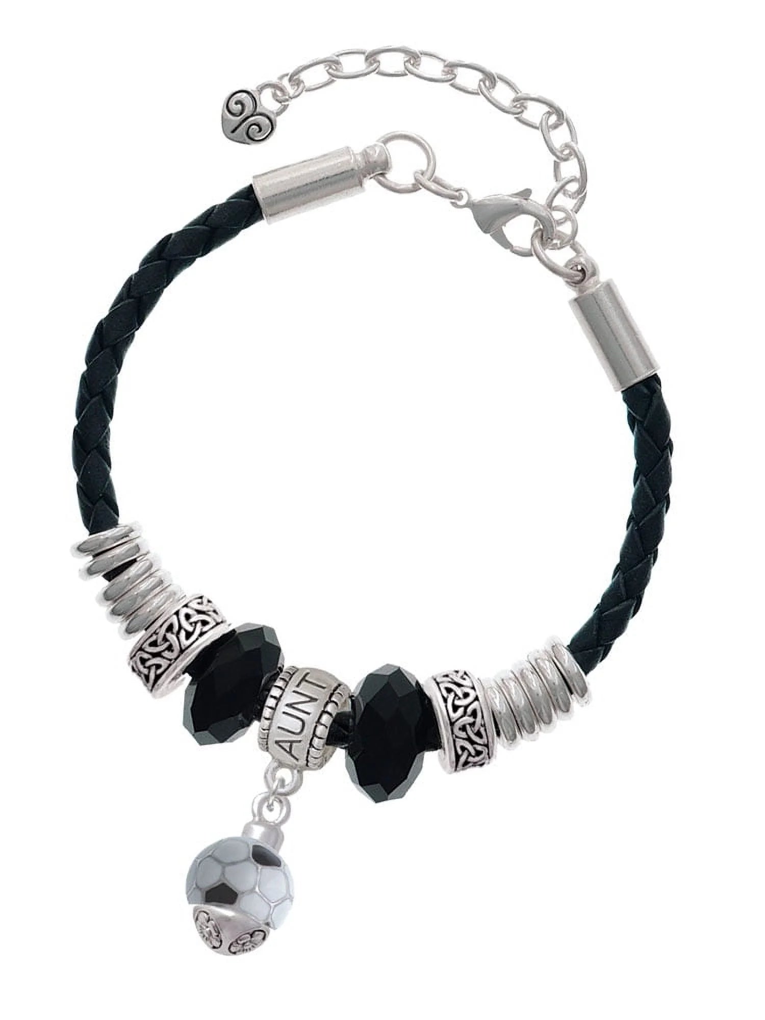 Delight Jewelry Silvertone 3-D Enamel Soccerball Spinner Aunt Celtic Knot Leather Bead Bracelet, 7+2 Extender