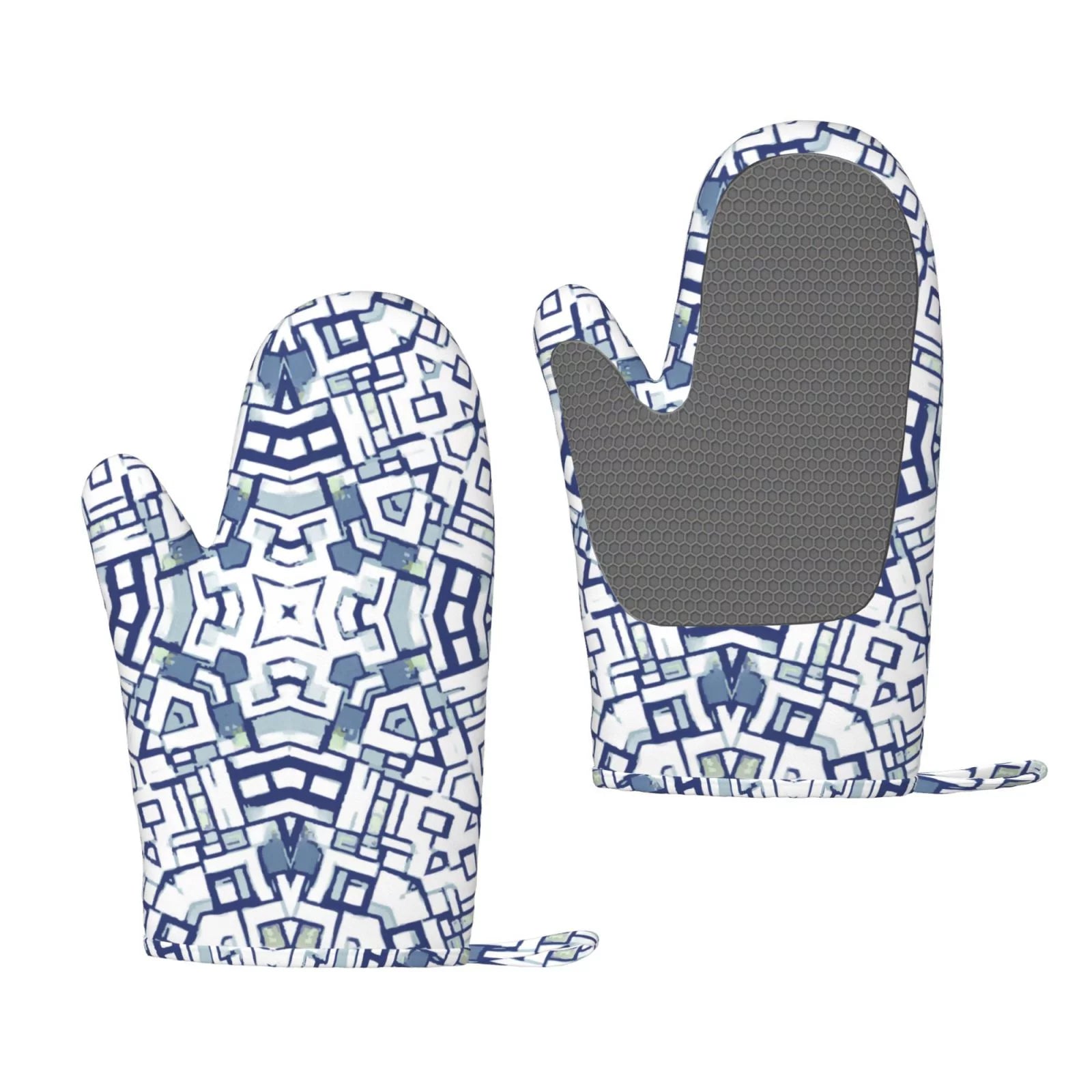 ZNDUO Kitchen Oven Gloves, Durable Heat Resistant Oven Gloves with Quilted Liner Non-Slip Textured Grip Perfect for BBQ, Baking, Cooking and Grilling, Blue Geometric Art
