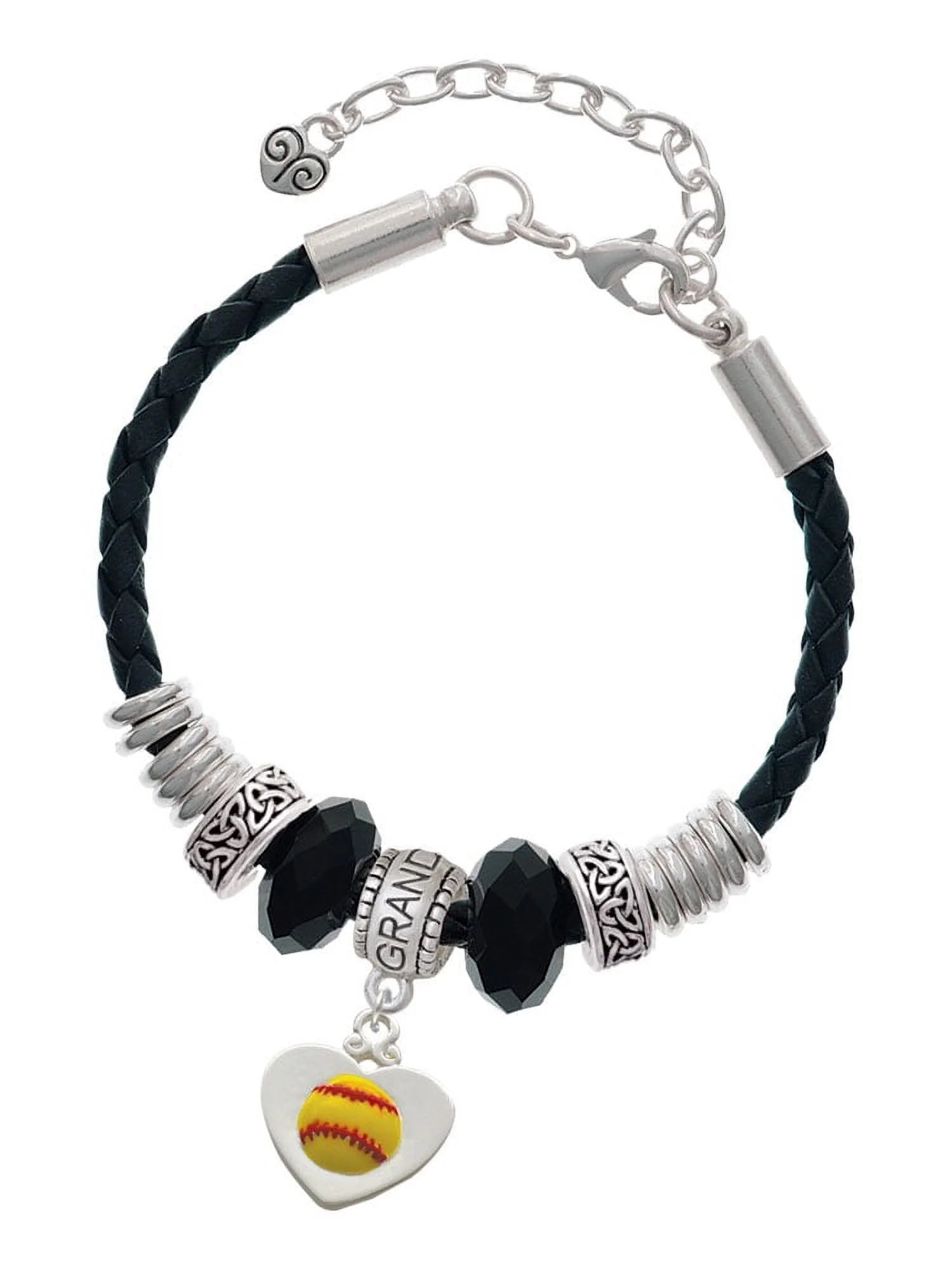Delight Jewelry Silvertone Softball in Heart Granddaughter Celtic Knot Leather Bead Bracelet, 7+2 Extender