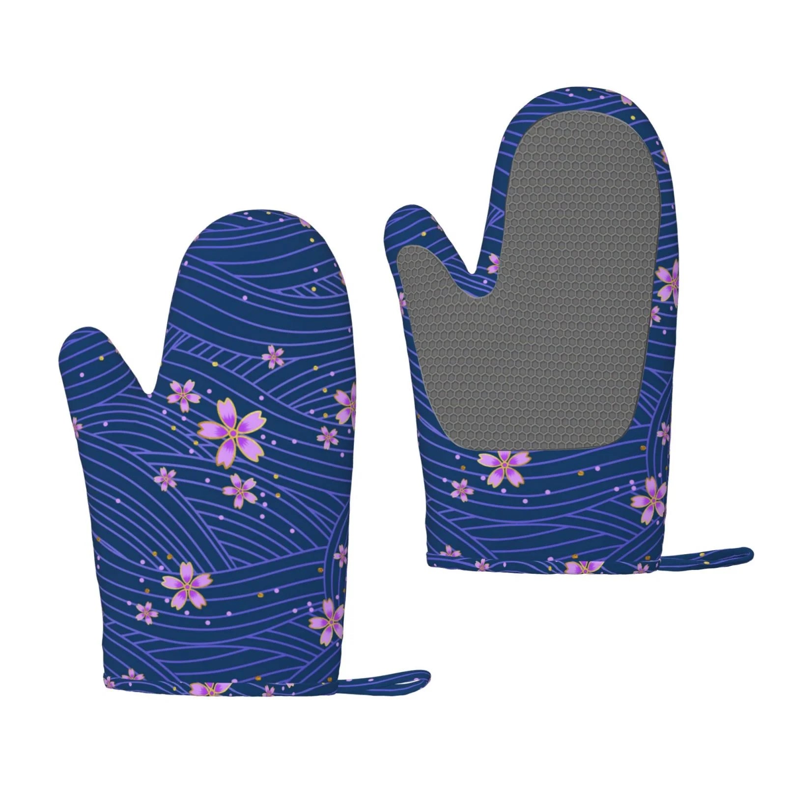ZNDUO Kitchen Oven Gloves, Durable Heat Resistant Oven Gloves with Quilted Liner Non-Slip Textured Grip Perfect for BBQ, Baking, Cooking and Grilling, Blue Line Floral